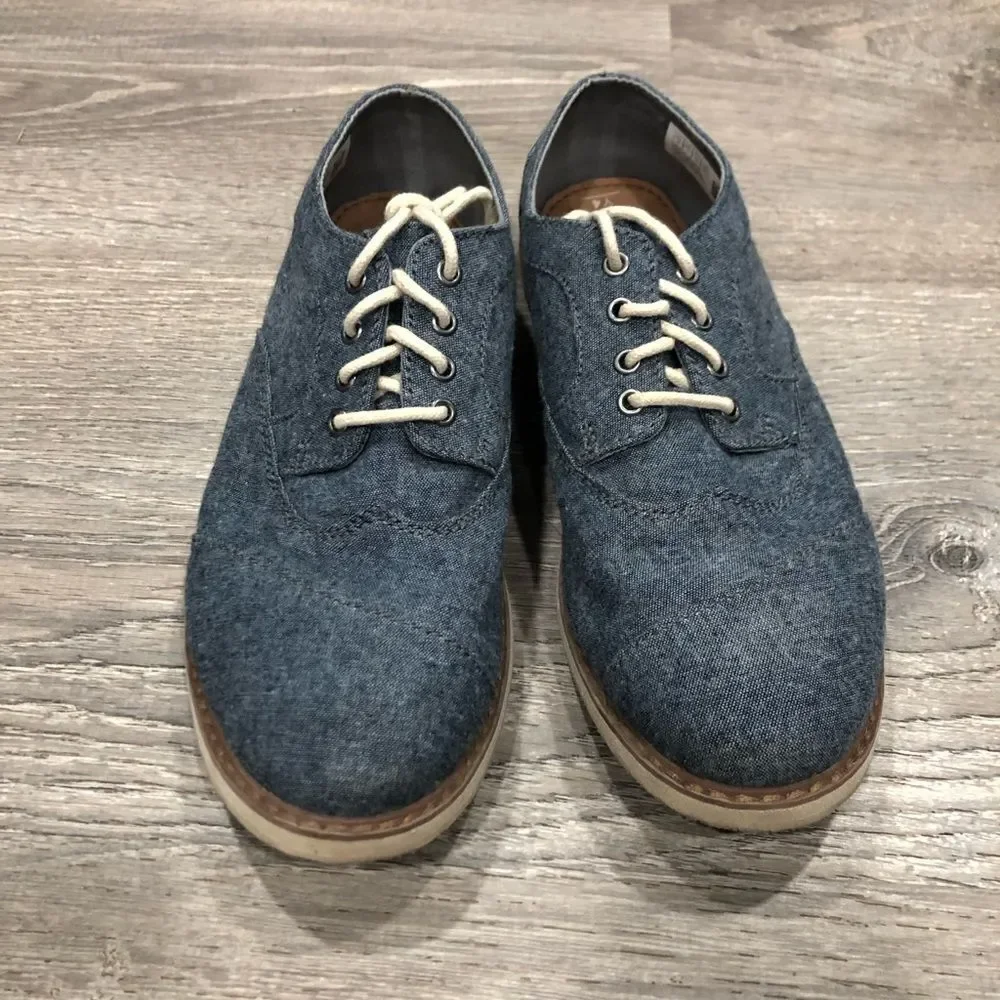 TOMS Brogue Kids Youth Boys Blue Denim Casual Oxford Dress Shoes Size‎ 4Y